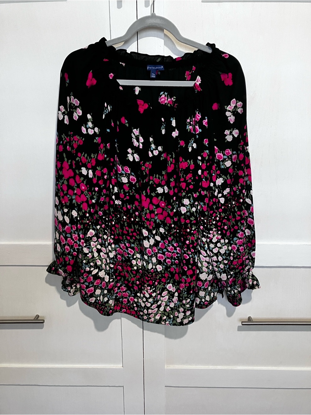 Talbots Black and Rose Long Sleeve Floral Blouse with Ruffled Trim, XLP